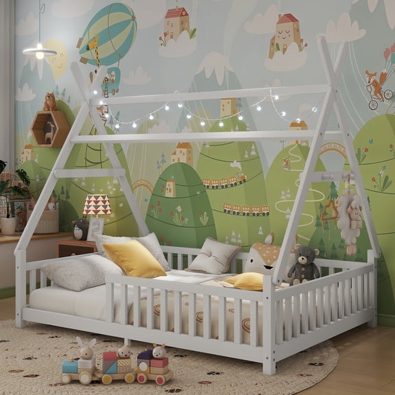 Mirightone Wood Full Size Floor Bed with Rails and Removable Roof, Teepee Bed Montessori Bed with LED Light and Slats - White