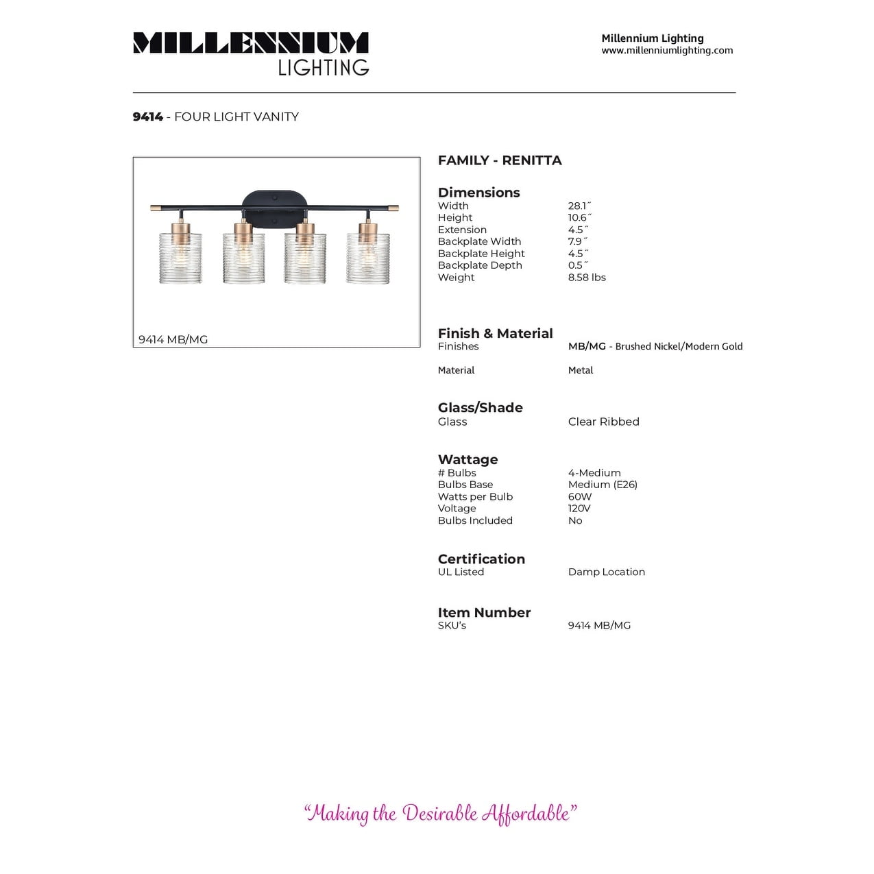 Millennium Lighting  Renitta Vanity Light Fixture with Clear Ribbed Glass Shades 4 Light