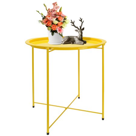 Voilamart Foldable Small Side Table Nightstand Round Side Table Accent Coffee Table Metal Tray Bedroom End Tables for Living Room Bed Side Tables Outdoor End Tables for Patio, Lemon Yellow