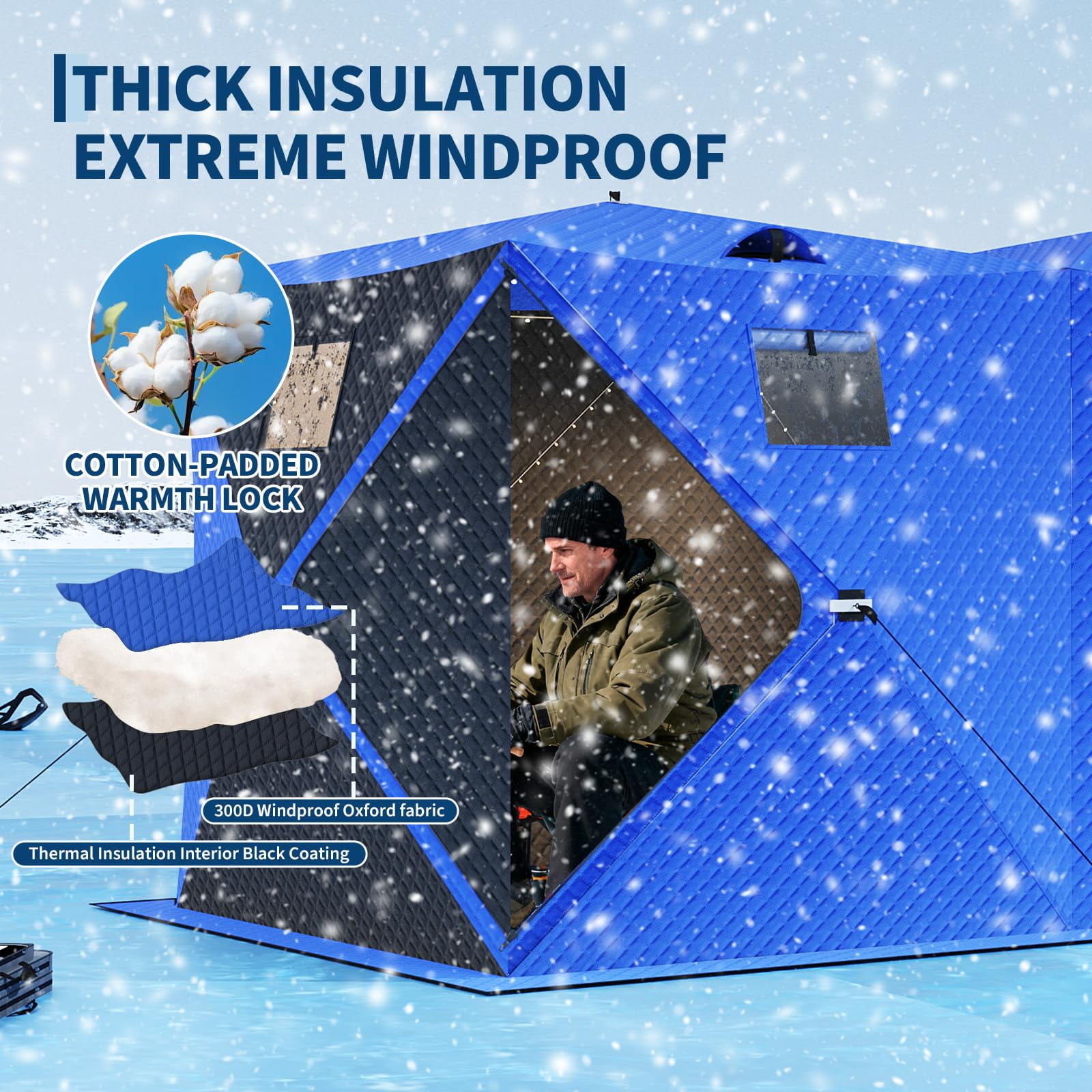 Insulated Pop-Up Ice Fishing Shelter for 6-8 People – Double Zipper Doors, 69 sq ft Space, 2x49ft LED Light Strips, Carry Bag, 141.73x70.8x77.74in | Comes with 2 battery packs and 2 15m light strips