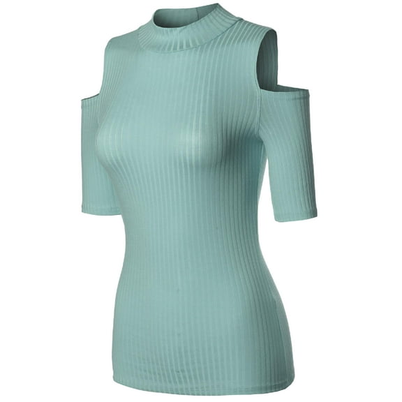 FashionOutfit Women's Lightweight Solid Stretch Ribbed Turtleneck Open Shoulder Top