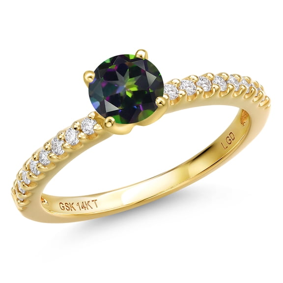 Gem Stone King 14K Yellow Gold Green Mystic Topaz and Lab Grown Diamond Engagement Ring for Women | 0.71 Cttw | Round 5MM | Gemstone November Birthstone | Size 5