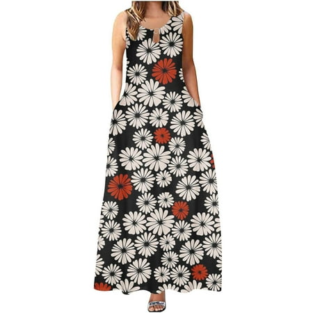

Summer Dress for Women 2023 Crew Neck Bohemian Floral Printed Sleeveless Suspenders Dress High Waist Sundress