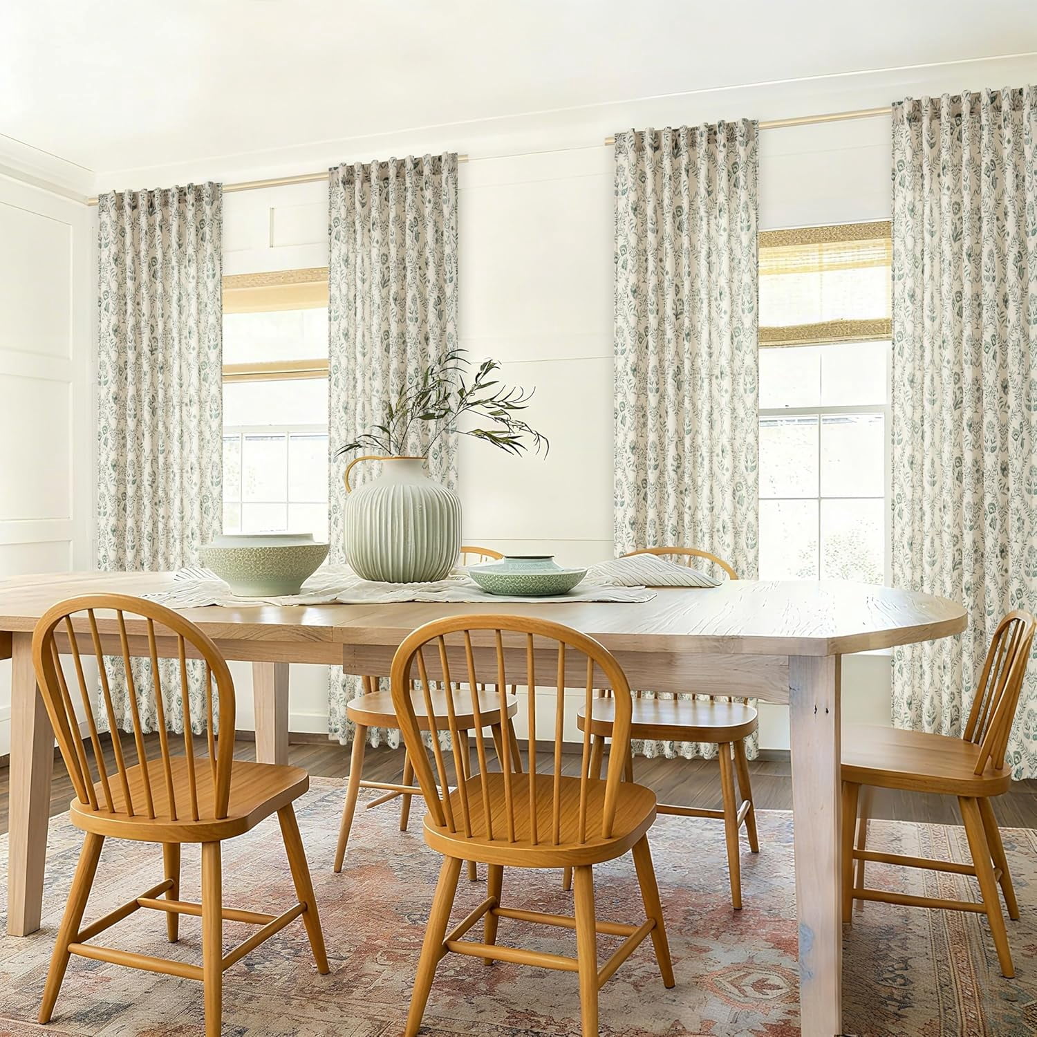 Green Farmhouse Curtains 90 Inch Length for Living Room Spring Light Filtering Back Tab Sage Greyish Green Leaf Flower Patterned Linen Curtains French Country Cottagecore Shabby Chic Floral Drapes