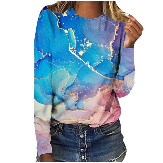 Pisexur Women's Plus Size Tops Floral Patchwork Color Block Tunic Round Neck Long Sleeve T Shirts Striped Causal Blouses Tops