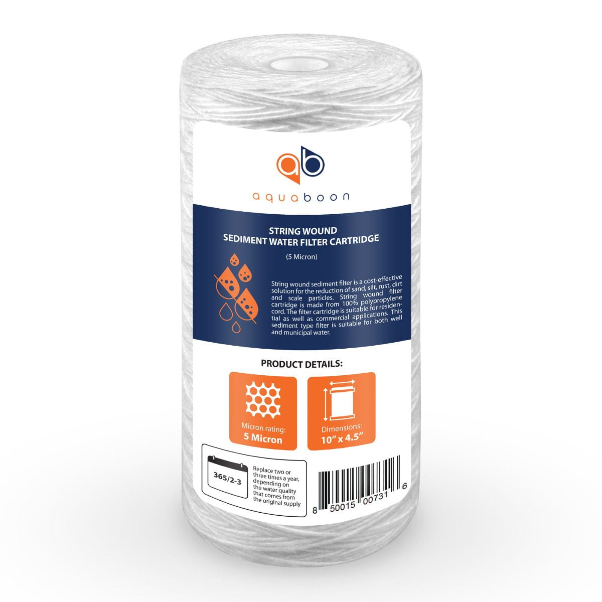 Aquaboon 5 Micron 10" String Wound Sediment Water Filter Cartridge | Whole House Sediment Filtration | Compatible with 84637, WPX5BB97P, PC10, 355214-45, 355215-45, WP10BB97P WP5BB97P 6-Pack