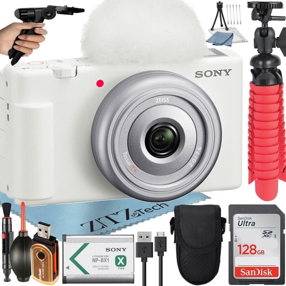 Sony ZV-1F Vlogging Camera (White) with SanDisk 128GB Memory Card   Tripod   ZeeTech Accessory Bundle (International Version)