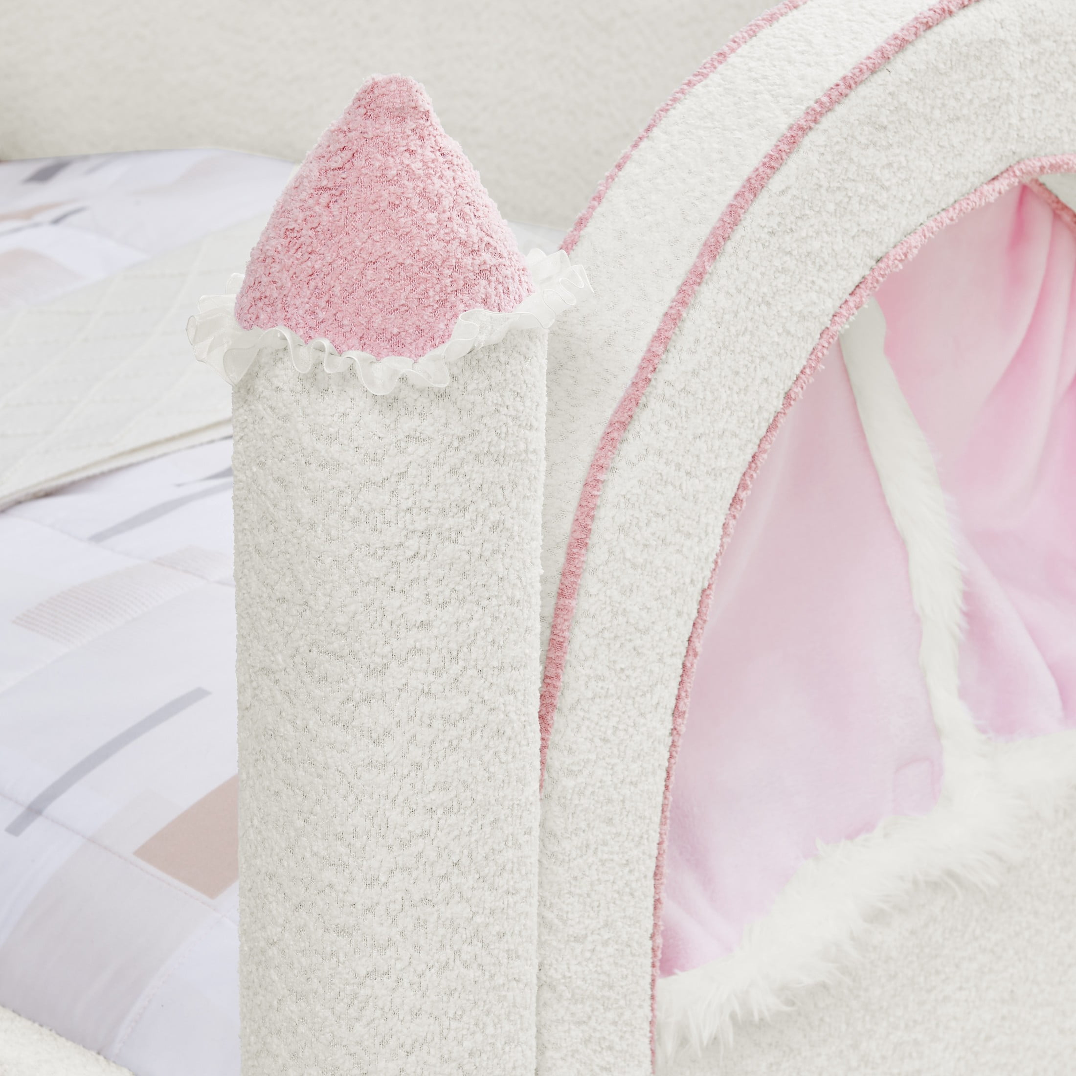GDF Studio Solley Twin Size Castle Bed with Safety Guardrails, Curtain & Wood Frame, Boucle Upholstered Bed, White