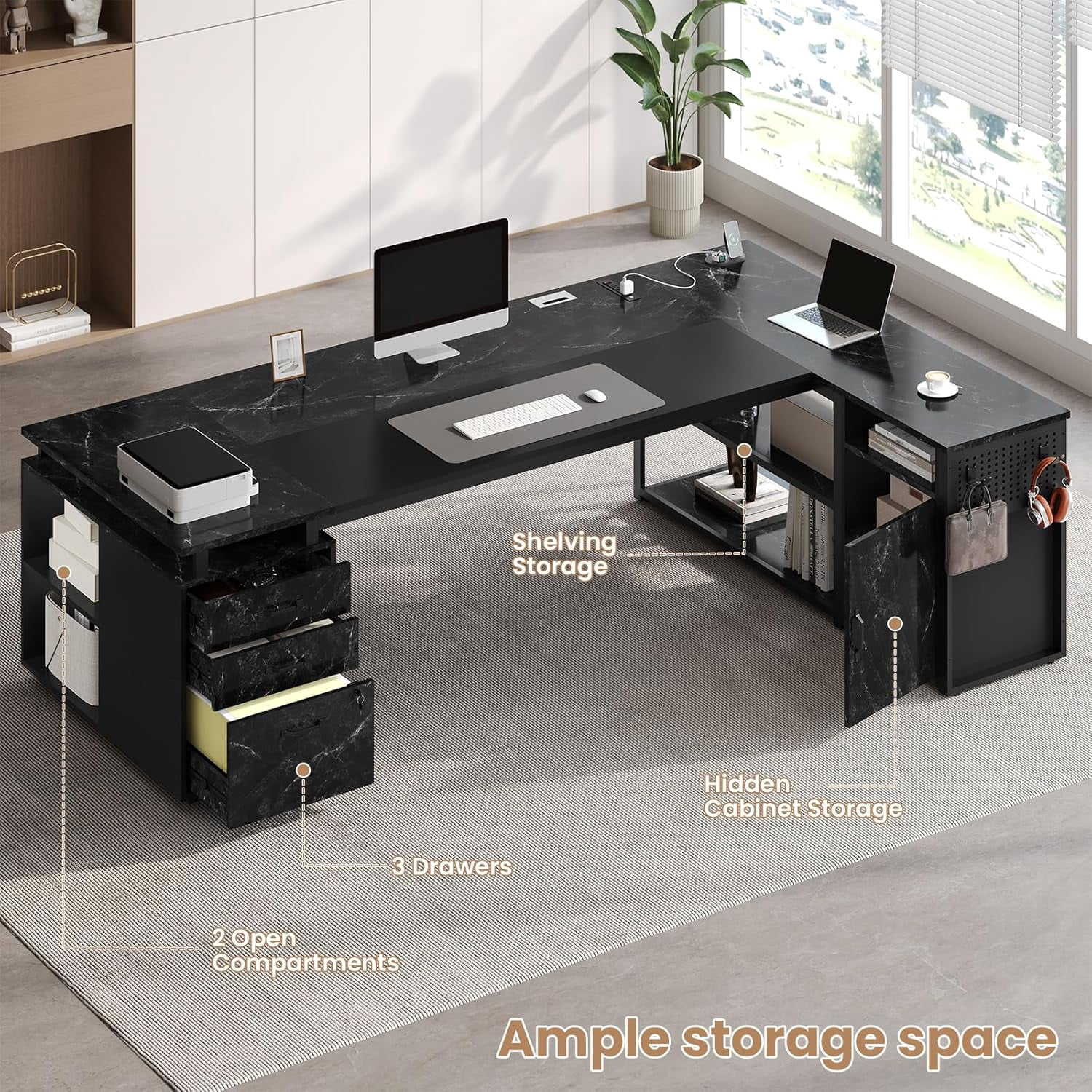 78" Executive Desk with Lockable File Cabinet, L Shaped Executive Desk with Power Outlets, Reversible Computer Desk with Drawers, Storage Shelves and Privacy Screen, Marble Black