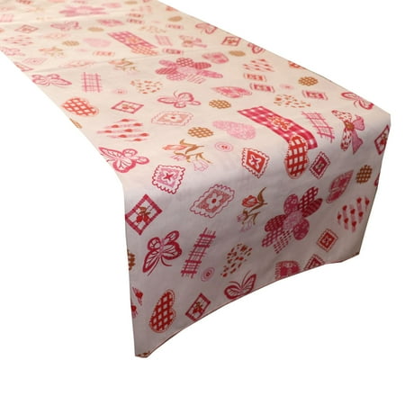 

Cotton Print Table Runner Floral Quilting Pattern Flowers Hearts and Butterfly Red