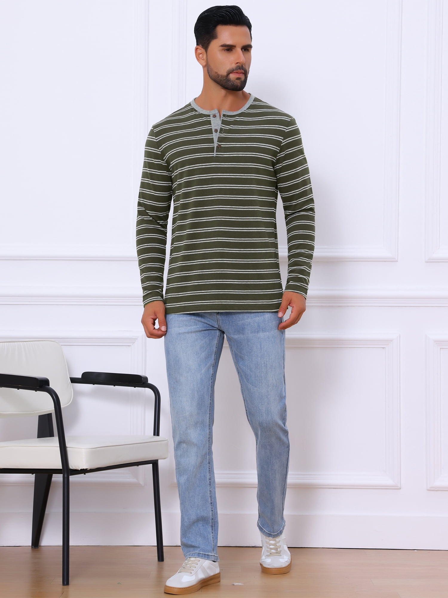 DARING DIVA Men's Long Sleeve Contrasting Colors Striped Henley T-Shirt S Dark Green