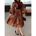 thumbnail image 2 of Elegant Women Dress Ethnic Print Patchwork Stand Collar Button Lantern Sleeve Velvet Waisted Evening Party Dresses Midi Dress, 2 of 3