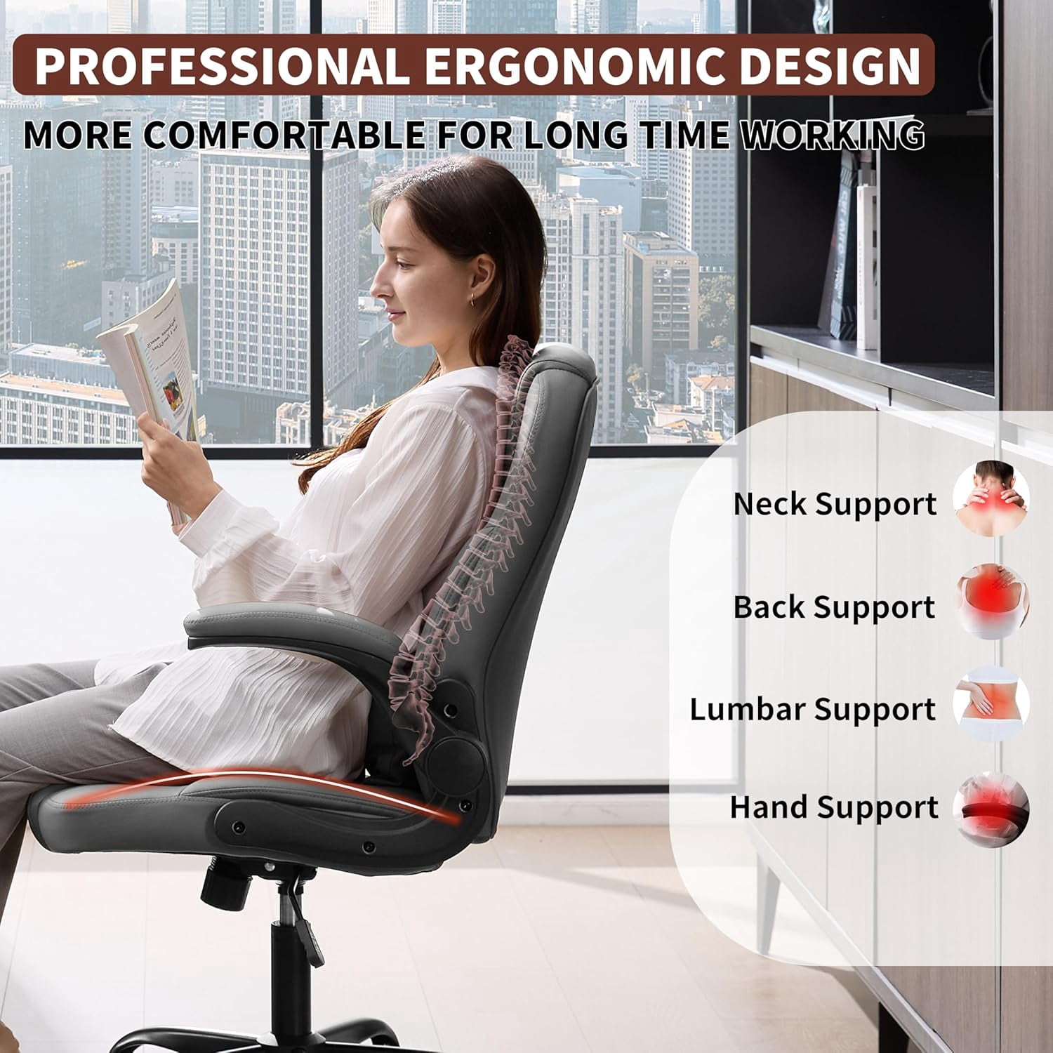 Nexthro Executive Office Chair PU,Leather Office Chair with Wheels,360° Swivel Rolling Chair with Padded Arms,Ergonomic Computer Chair with Lumbar Support for Short People Use(Gray)