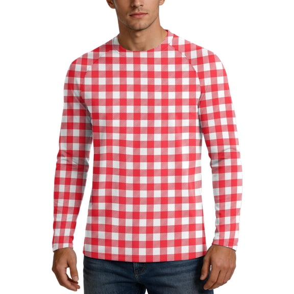 OIOLOYJM Mens Fishing Shirts Long Sleeve UPF Sun protection Plaid Uv Quick Dry Swim Beach Shirts Rash Guard Hiking Workout Classic Fit T-Shirt Red L