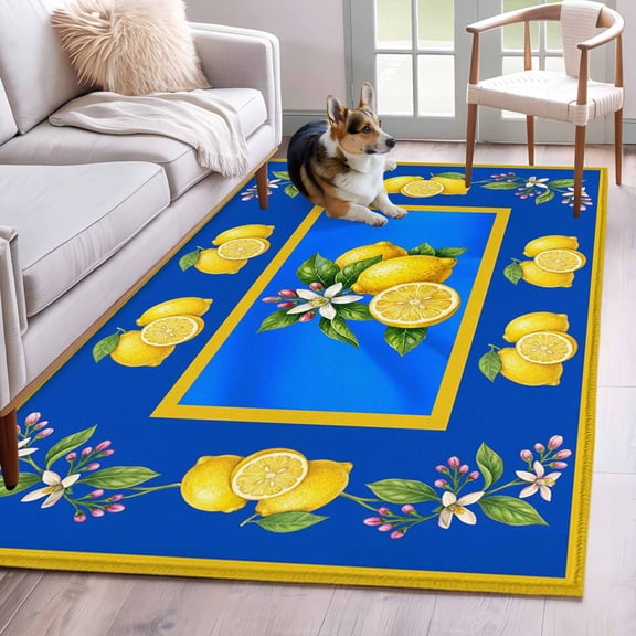 Rectangle Area Rugs 3 x 5 Ft, Yellow Lemons Non-Slip Residential Carpet, Summer Botanical Blue Modern Art Indoor Crawling Mats Runner Rugs for Living Room/Dining Room/Bedroom