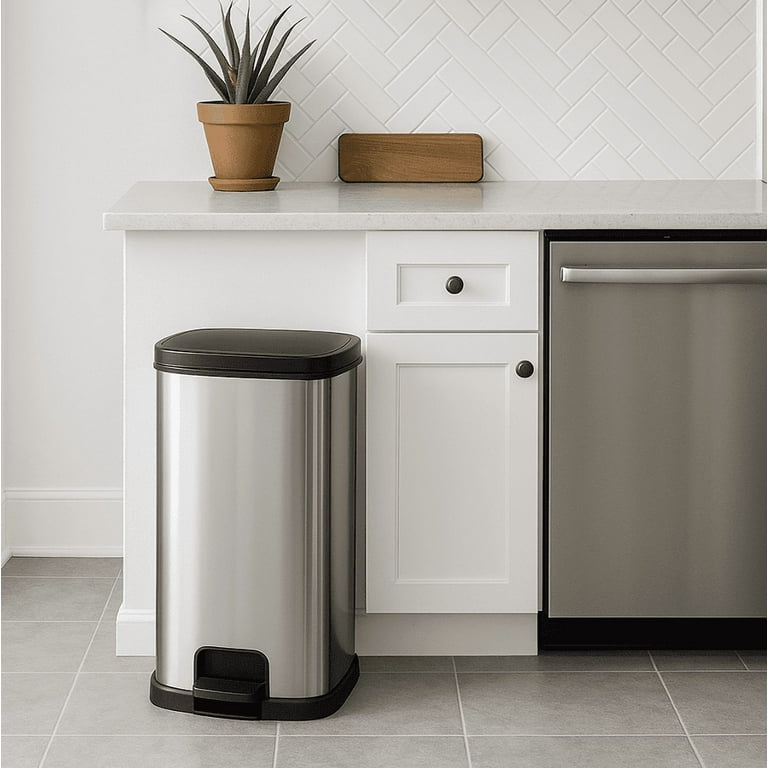 Mainstays Plastic Rectangular Step Trash Can, 13 Gallon, Silver