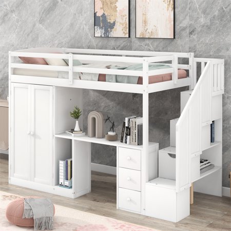 Twin Size Loft Bed  Wood Loft Bed Frame with Wardrobe  Desk  3 Storage Drawers  Cabinet and Storage Staircase  for Girls Boys Teens  White