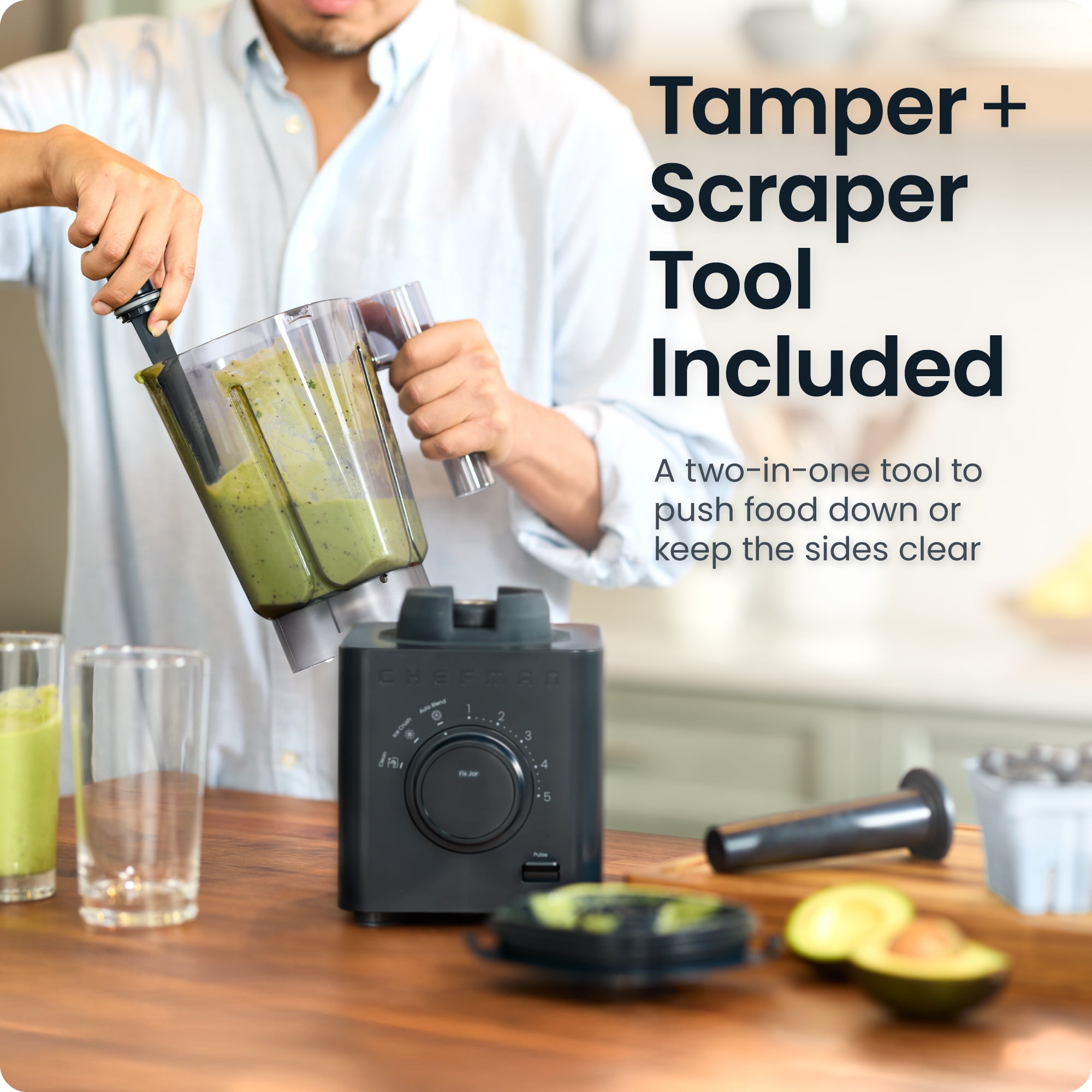 Chefman Obliterator 48oz Countertop Blender w/ 20oz Travel Jar and Tamper/Scraper Tool – Midnight