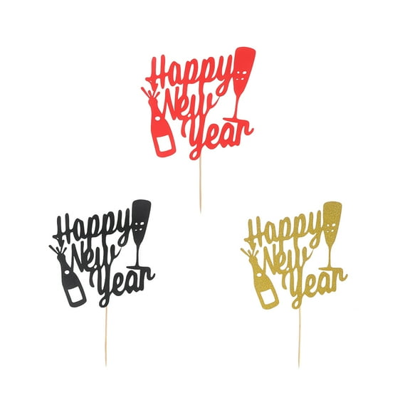 Raindrops 15 Sets Glitter Paper Happy New Year Cake Topper Party Dessert Table Decorations with Sticks and Glue (Red Golden Black)