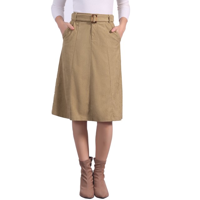 Falda A-Line de Cintura Alta Elástica para Mujeres INSPIRE CHIC, con Cinturón, Midi de Pana para Otoño e Invierno, Talla XL, Color Camel
