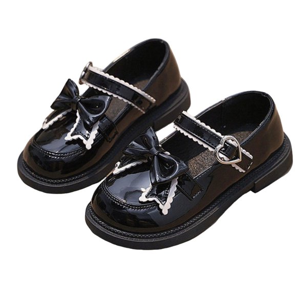ZToonmas Big Kids Girls Glossy Patent Leather Mary Jane Shoes Heart Buckle Bow British Style Soft Non-Slip Princess Leather Dress Flats for School Casual Wear