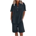 thumbnail image 3 of Womens Plus Size Linen Shorts Sets - 2 Piece Summer Outfits - Ladies Casual Button V-Neck Short Sleeve Shirts Tops and Elastic Waist Drawstring Bermuda Shorts Pants Sets, 3 of 4
