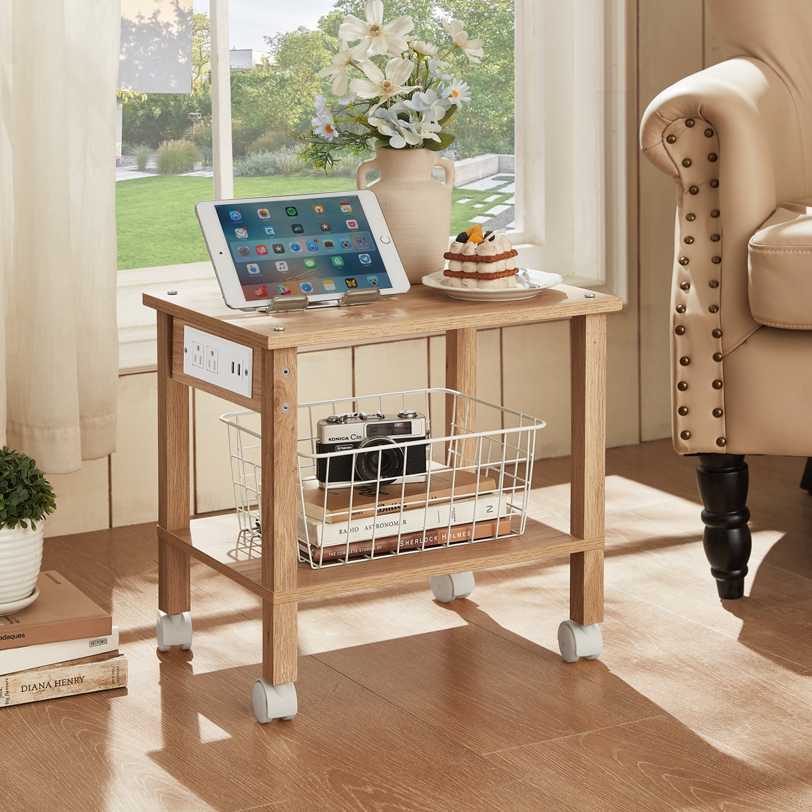 Leyaoya 2-Tier Printer Stand with Charging Station, Under Desk Organizer with Storage Shelves for Home Office, Natural Oak