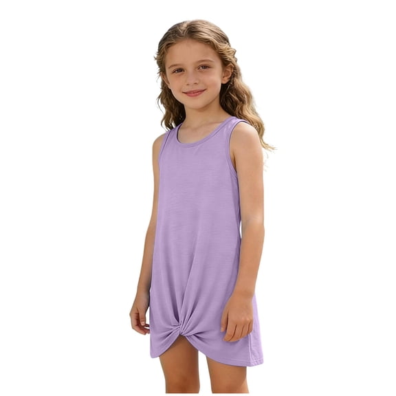 WUANDIXFA Girls Sleeveless Swim Cover Up Kids Summer Swimsuit Coverup Twist Front Beach Dress 5-14Y (Purple, 5-6 Years)