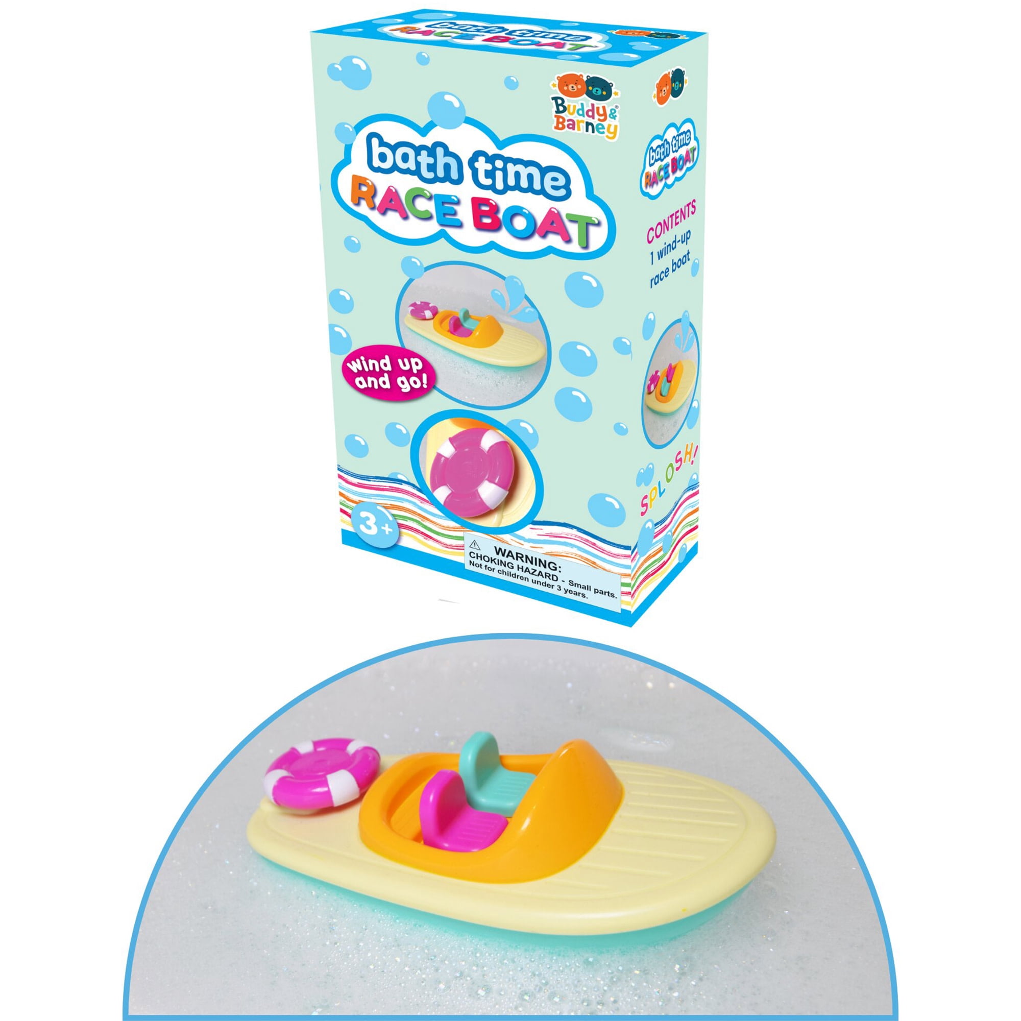 Buddy & Barney: Bath Time Race Boat - Wind-Up & Go Toy, Yellow-Pink-Green Floating Speed Boat, Sensory Exploration, Water & Tub Play, Kids Toddlers 1+