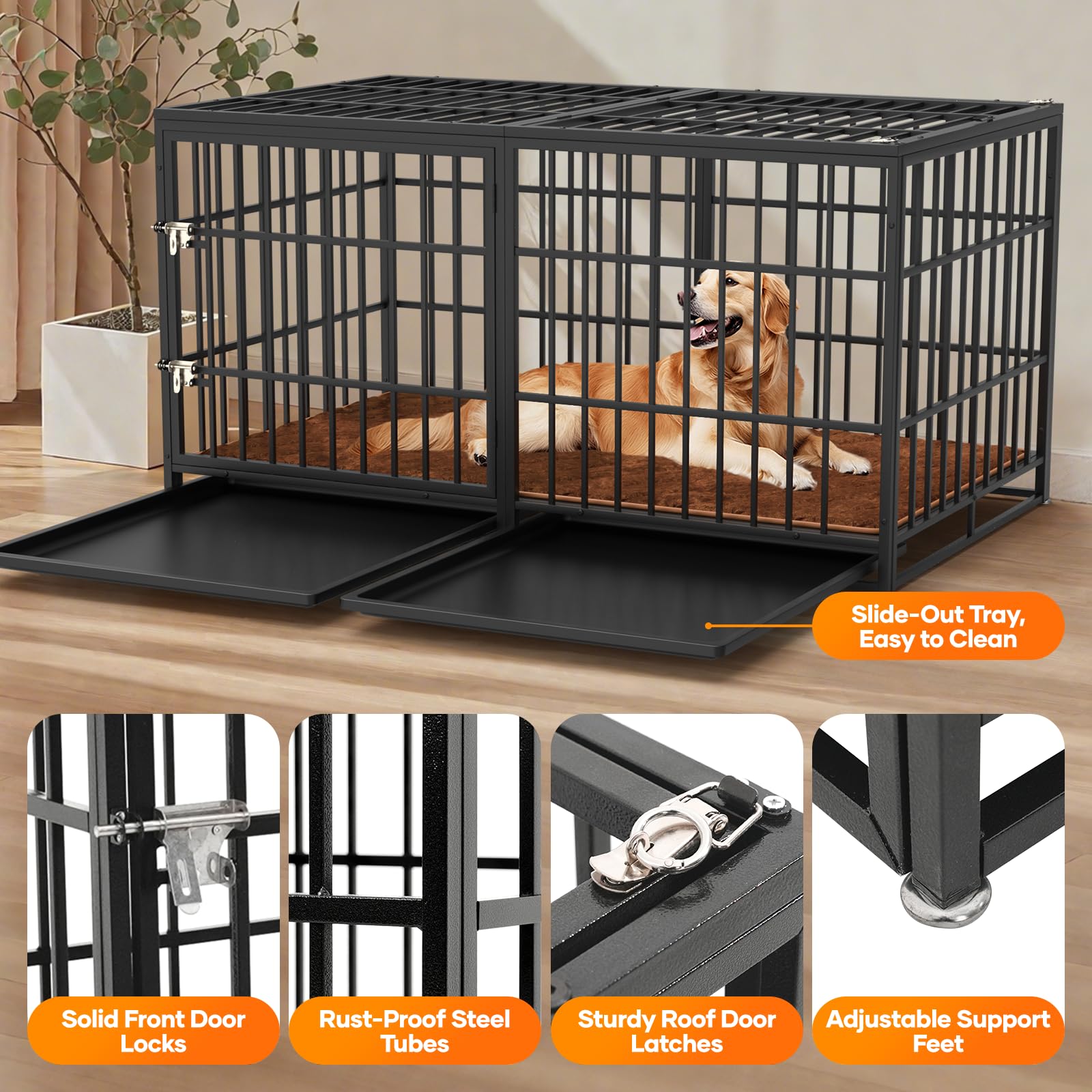 Aukfa 61" Extra Long Indestructible Dog Crate with Comfy Dog Pad for Large Dogs, Heavy Duty Steel Escape Proof Kennel, 2 Door&Removable Tray
