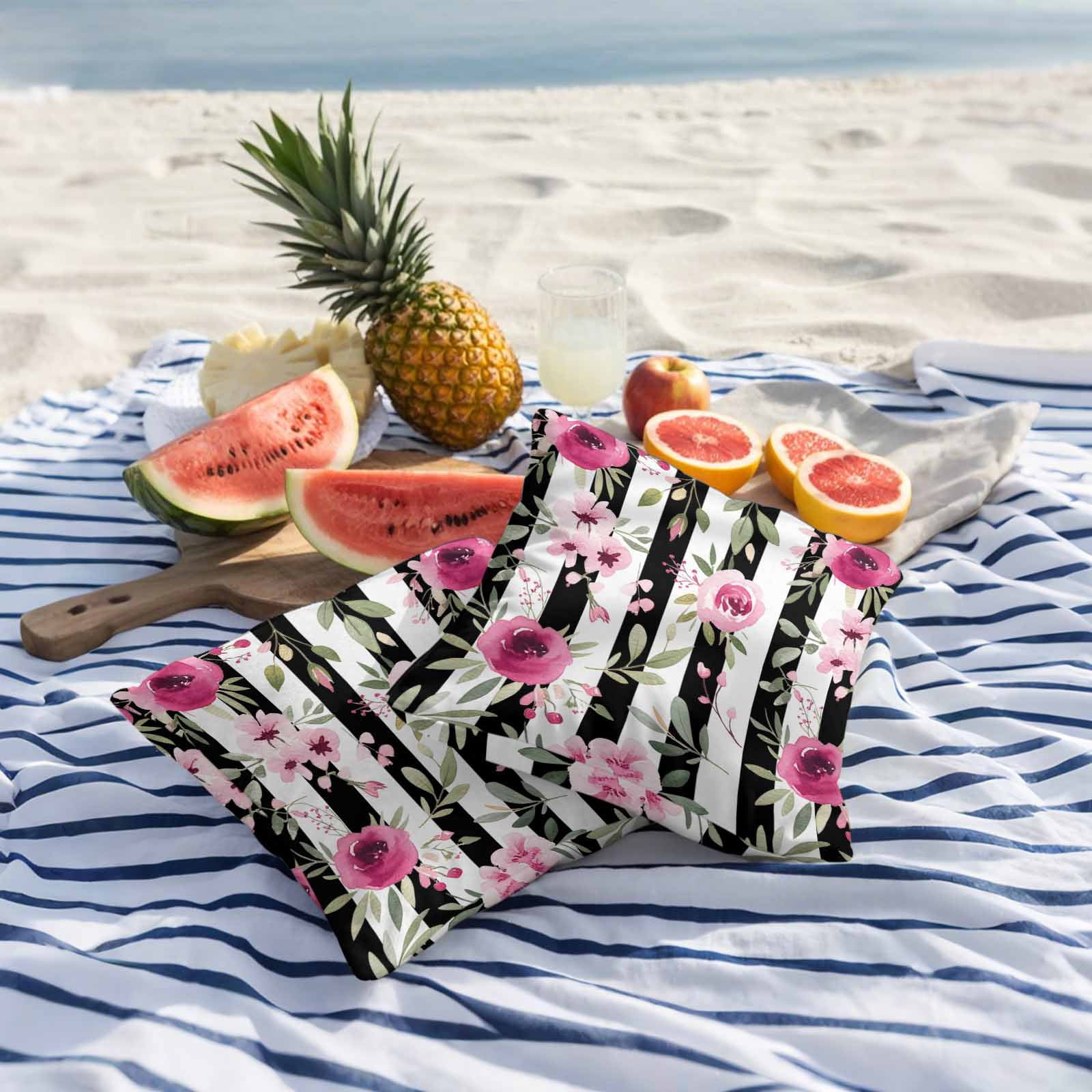 Outdoor Waterproof Throw Pillow Covers Set of 2 Pink Flowers Decorative Pillowcases Square Outdoor Pillows Cushion Case 18x18 Inch Floral Leaves Black Stripes Patio Pillows for Couch Sofa Bed Garden