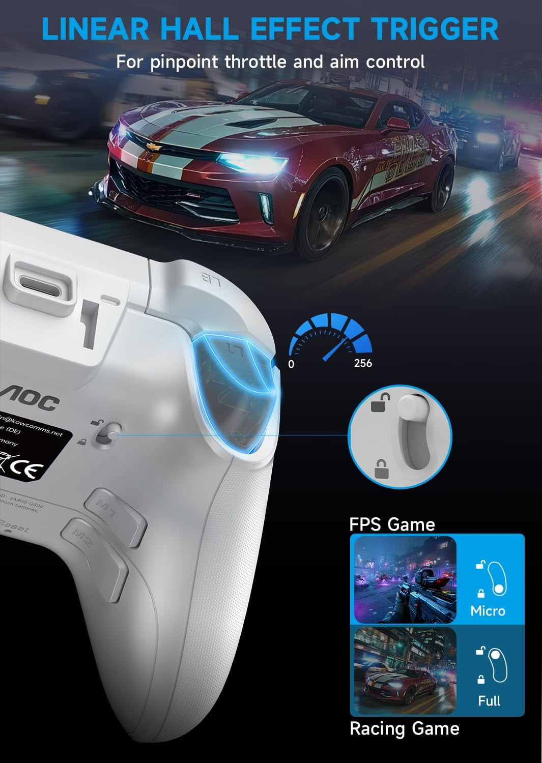 AOC Wireless Gaming Controller for PC, Steam, PS4, iOS, Android, Interactive Screen, Hall Effect Joystick and Triggers, RGB Lighting, Adjustable Vibration/Turbo, White(Not for Xbox, PS5)