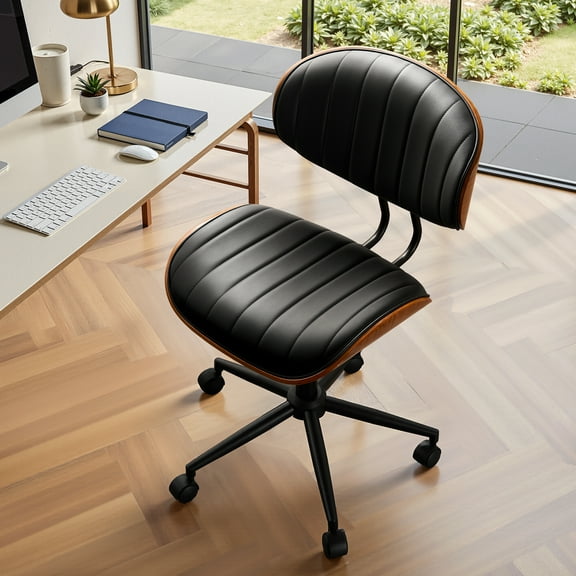 Toject Office Chair, Task Chair with Stripes Wooden Back, Mid-Century Modern Computer Chair, Armless Desk Chair for Home Office, Black
