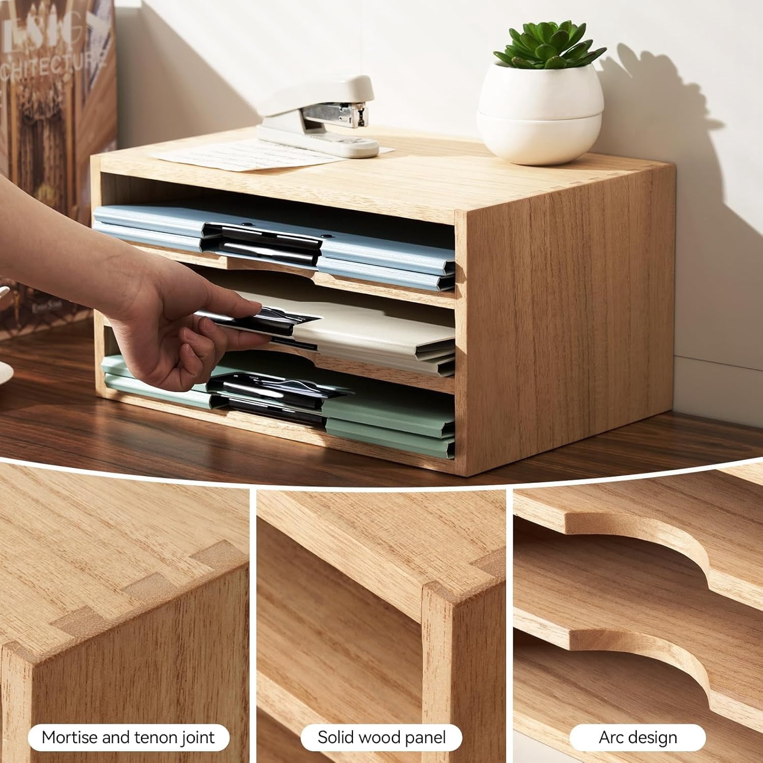Wooden Desktop Organizer Paper Storage Letter Tray File Sorter - Desk Rack Magazine File Dividers Holders for Home Office Accessories Wood Desk Cabinet with 3 Layer Trays Natural