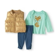 Newborn Baby Girl Foil Puffer Vest, Top, and Leggings 3pc Set