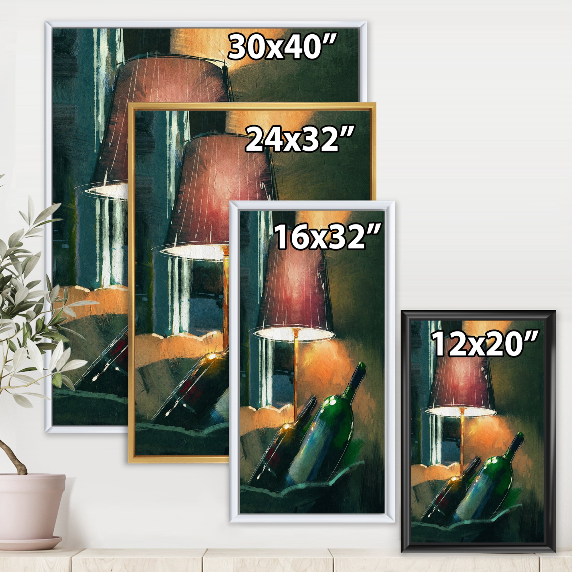 Lamp Glowing Orange In The Night and Wine Bottles 30 in x 40 in Framed Painting Canvas Art Print, by Designart
