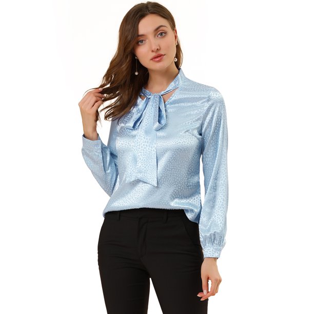 Blusa Puntos Irregular Allegra K Manga Larga Cuello Del Lazo Trabajo Casual Para Mujer Azul M