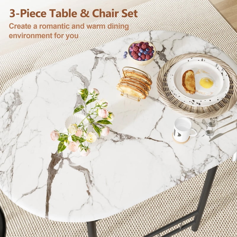 Vineego 3 Pieces Dining Set for 2 Small Kitchen Breakfast Table Set Space Saving Wooden Chairs and Table Set,Dark White