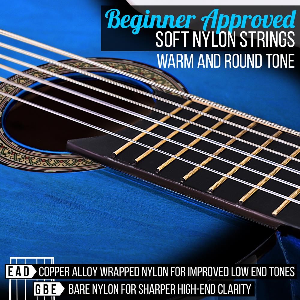 Beginner Classical Acoustic Guitar - 3/4 Junior Size 6 String Linden Wood Guitar w/ Gig Bag, Tuner, Nylon Strings, Picks, Strap, For Beginners, Adults - Pyle PGACLS82BLU (Blu