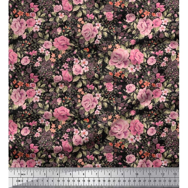 Soimoi Tissu Poly Georgette Feuilles & Roses Imprimé Floral 1 Yard 42 Pouces de Large