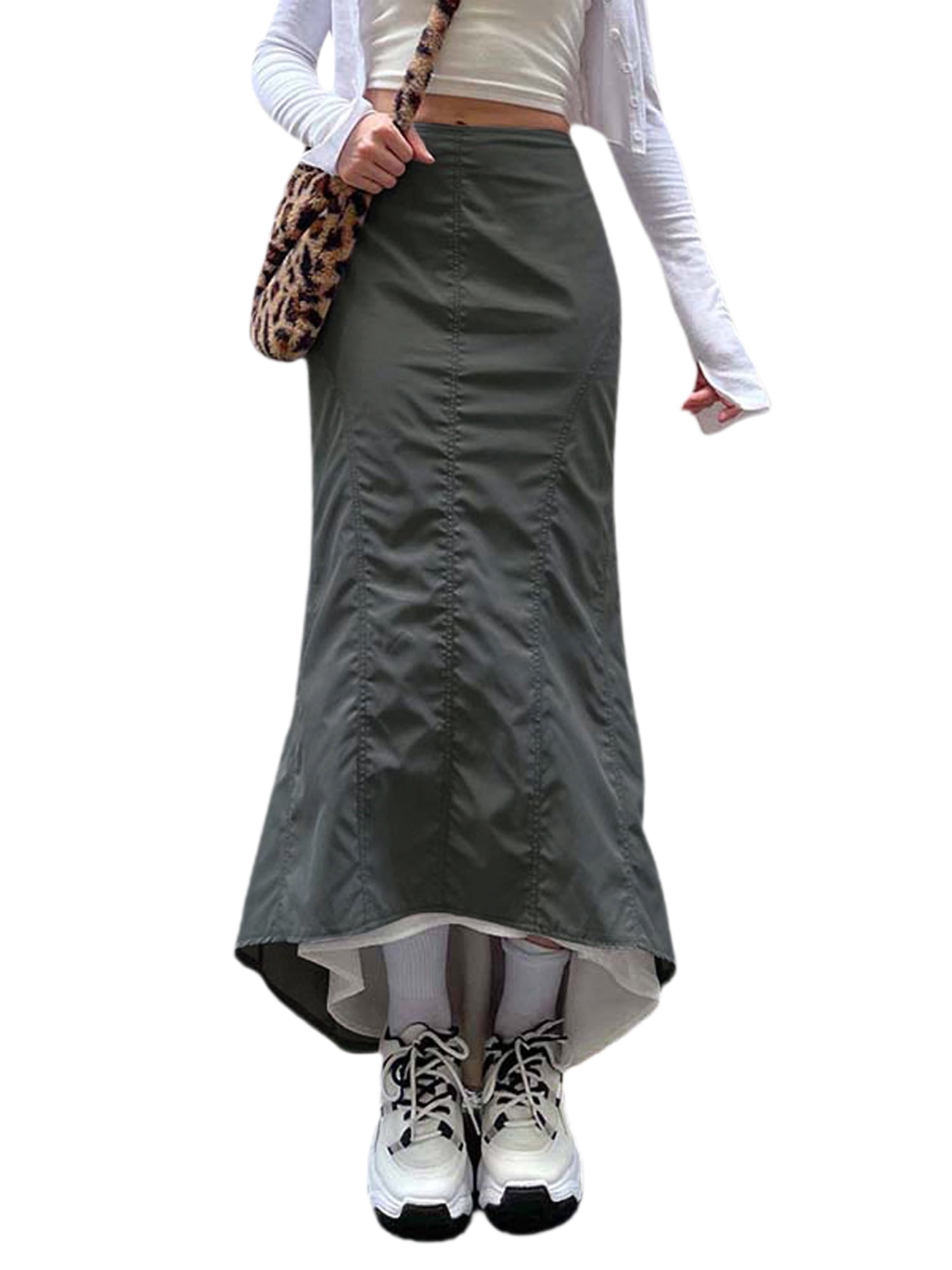 Qiylii Long Cargo Skirts for Women with Pockets Low Rise Drawstring