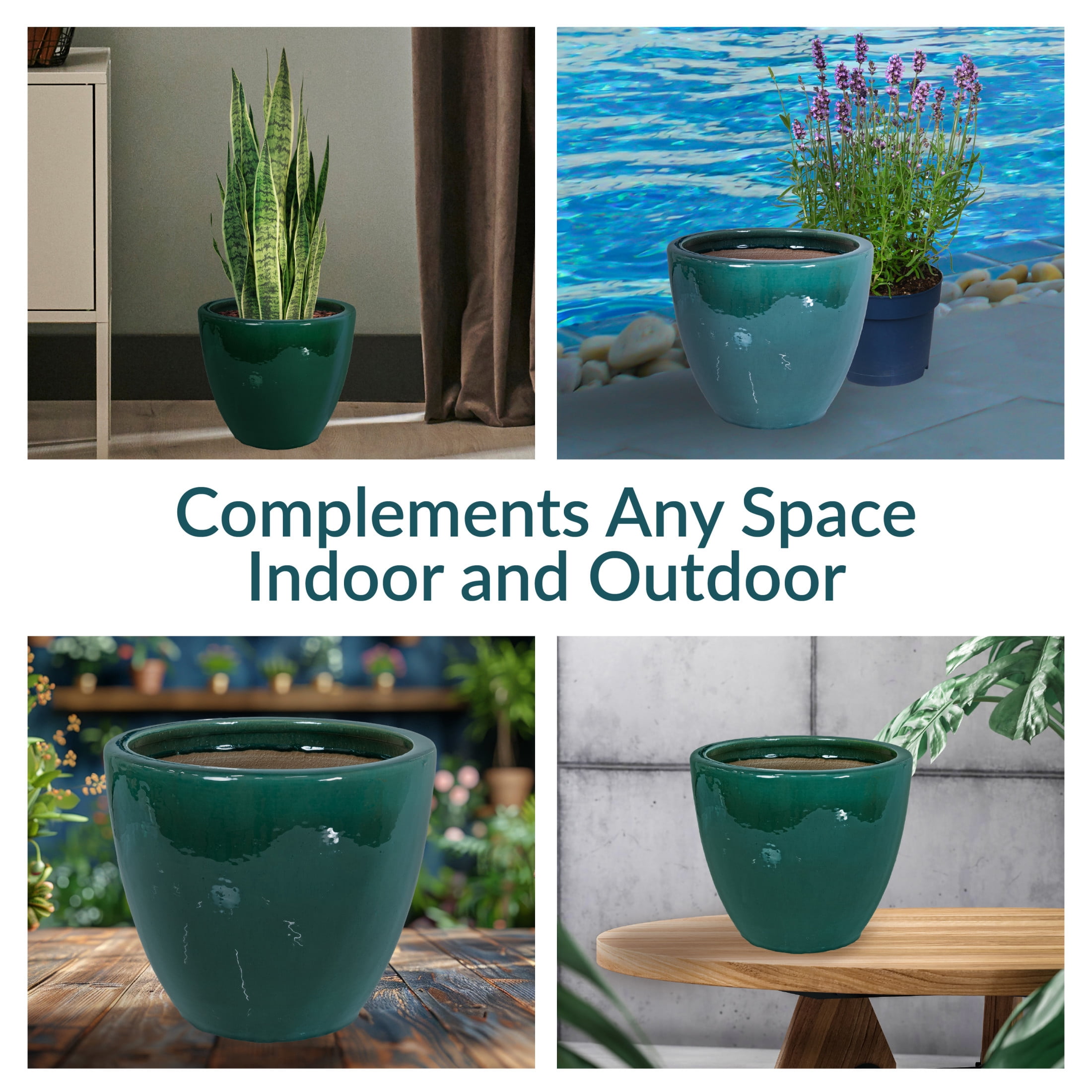 Sunnydaze Resort 15" x 15" x 11.25" H Round Dark Green Ceramic Solid Plant Pot