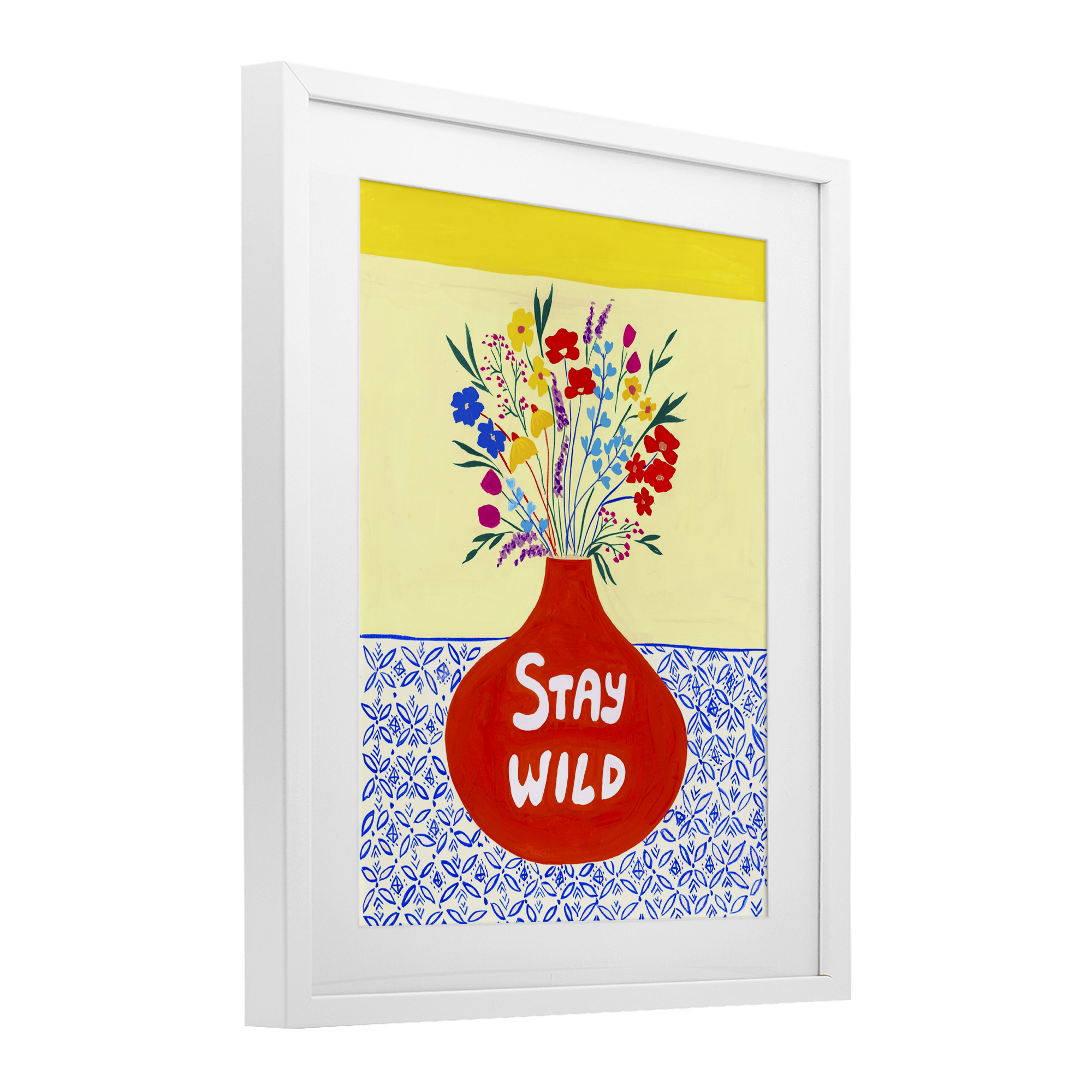Stay Wild Midcentury Flowers White Framed Print Under Glass, design by Nabeela Rumi