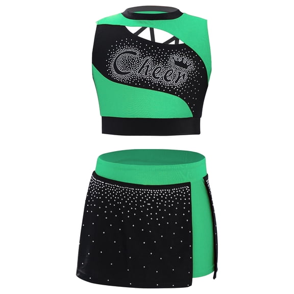 vastwit Kids Girls Cheerleading Outfit Dance Performance Cheer Uniform Crop Top with Side Slit Skirt Shorts Green 8