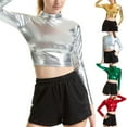 thumbnail image 5 of CENL Women Faux Leather Shiny Wetlook Mock Neck Long Sleeve Crop Top Dance Clubwear, 5 of 9