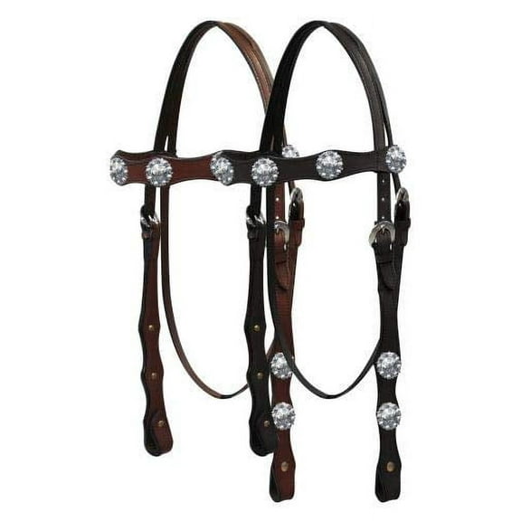 Double Stitched Leather Browband Headstall w/ Engraved Silver Conchos (Black)