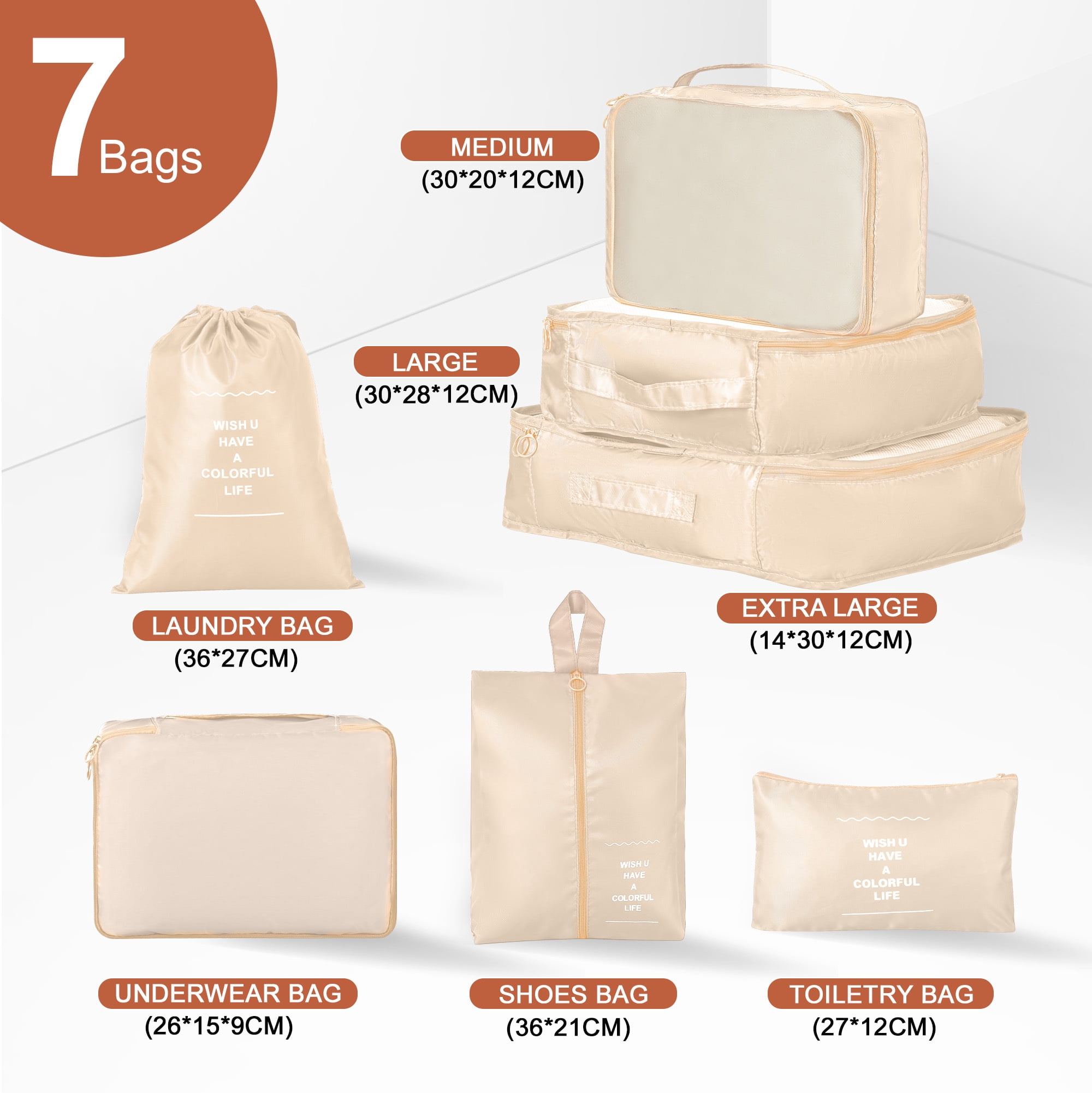 4 Piece Luggage Sets Travel Suitcase Set,20/24/28/32 inch Luggage with 7PCS Organizer Bags, White&Brown
