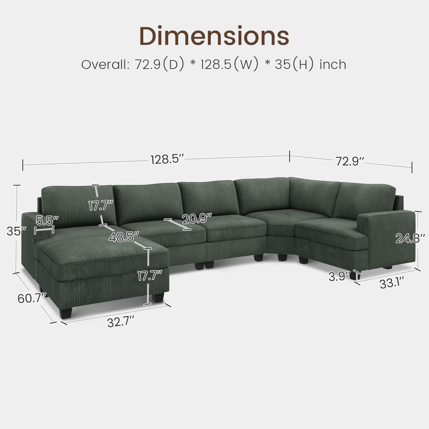 HONBAY Sectional Corduroy Sleeper Sofa Bed U Shaped Convertible with Hidden Storage Ottomans for Living Room, Green