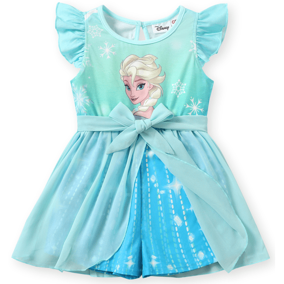 Disney Princess Girls Romper Frozen Elsa Graphic Jumpsuit with Tulle Skirt Dresses Ruffled Sleeve Summer Outfits Sizes 2-6T