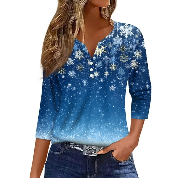 WTOBBY Women's Christmas Snowflake Tree Print V-Neck Decorative Button 3/4 Sleeve T-Shirt, Ladies Holiday Fashion Top for Seasonal Wear, Comfortable Casual Blouse,Blue L